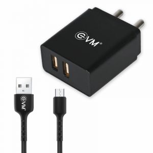 EVM CH 03 Dual USB Fast Charger With Micro USB Cable 5V 2.4 Amp White / Black