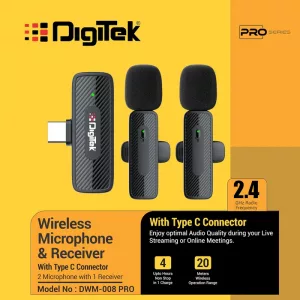Digitek DWM 008 PRO Wireless Microphone & Receiver with Type-C Connector, 2x Mic System,