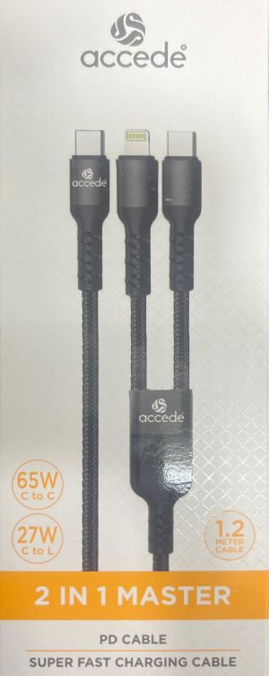 Accede 1033 2 in 1 master Unbreakable Braided C to C ,C to L Cable Data Sync1.2 M Black