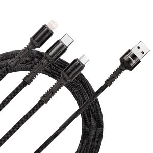 Accede A1020 Universal PRO 2.4A Multifunction 3 in 1 Fast Charging Nylon Braided Cable 1.2M, Black