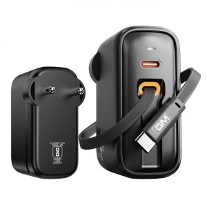 GM G+ 45W Type C All in One Travel Adapter 70 CM Retractable Cable, GaN Technology Black